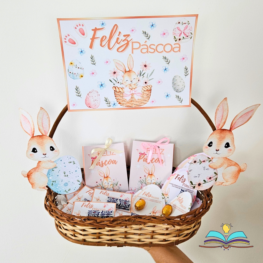 Elementos decorativos para uma cesta com lembrancinhas do tema coelhinho da páscoa.