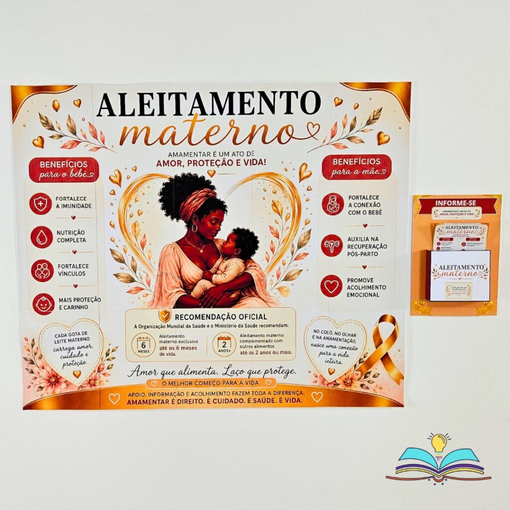 Painel com tema Aleitamento Materno para informar, acolher e valorizar esse gesto de cuidado, vínculo e proteção.